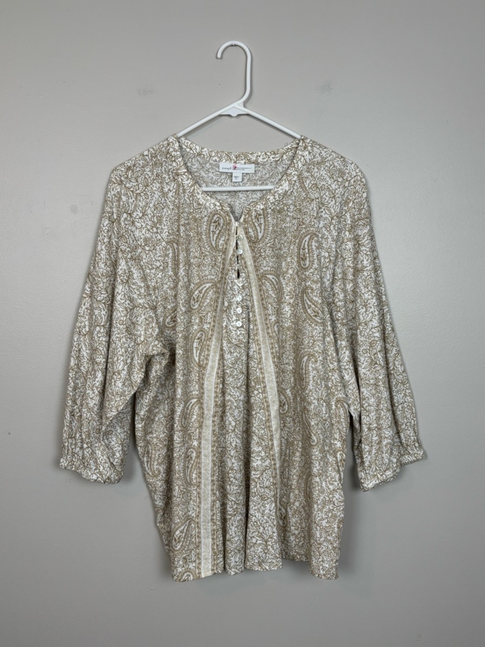 J‎ Jill Top Womens XL Cream Floral Mother Of Pearl Organic Cotton Popover Blouse